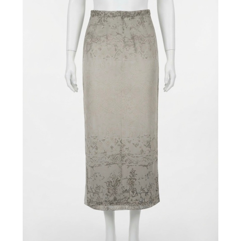Finity Silk Maxi Skirt Sage Green Damask Print Lined Side Slits Size 4